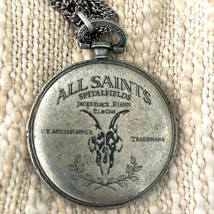Cool All Saints Antiqued Silvertone Chain featuring large logo medallion charm.